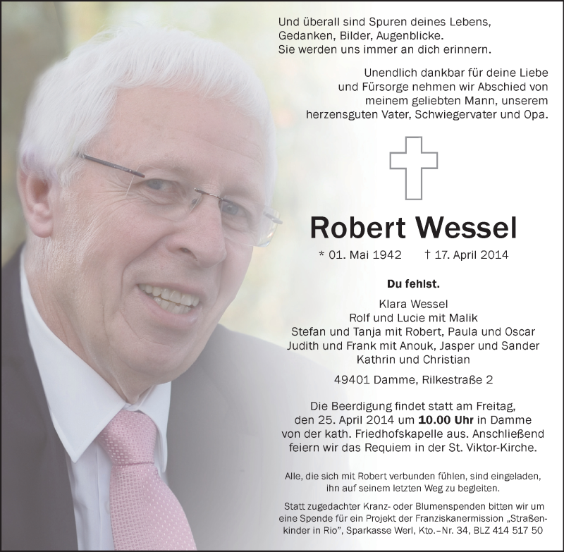  Traueranzeige für Robert Wessel vom 22.04.2014 aus OM-Medien